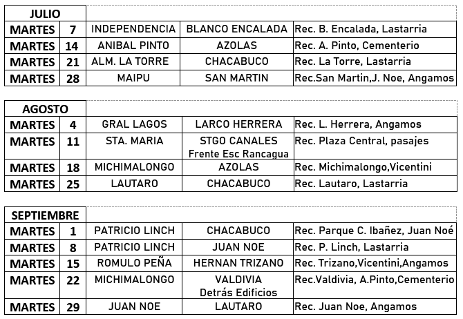 Calendario de Avanzada Arica Centro